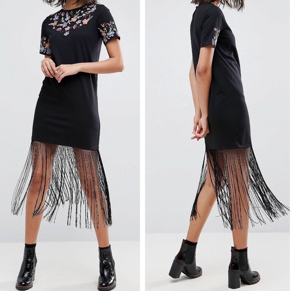 ASOS Dresses & Skirts - ɴᴡᴛ ᴀsᴏs ᴇᴍʙʀᴏɪᴅᴇʀᴇᴅ ғʀɪɴɢᴇ ᴍɪᴅɪ ᴛ-sʜɪʀᴛ ᴅʀᴇss 🌷